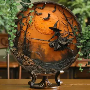 Vintage Halloween Aluminum Wall Decor 8x8 Inch Flying Witch Broom Outdoor Indoor Weatherproof Sign for Home Bar Garden Party Display