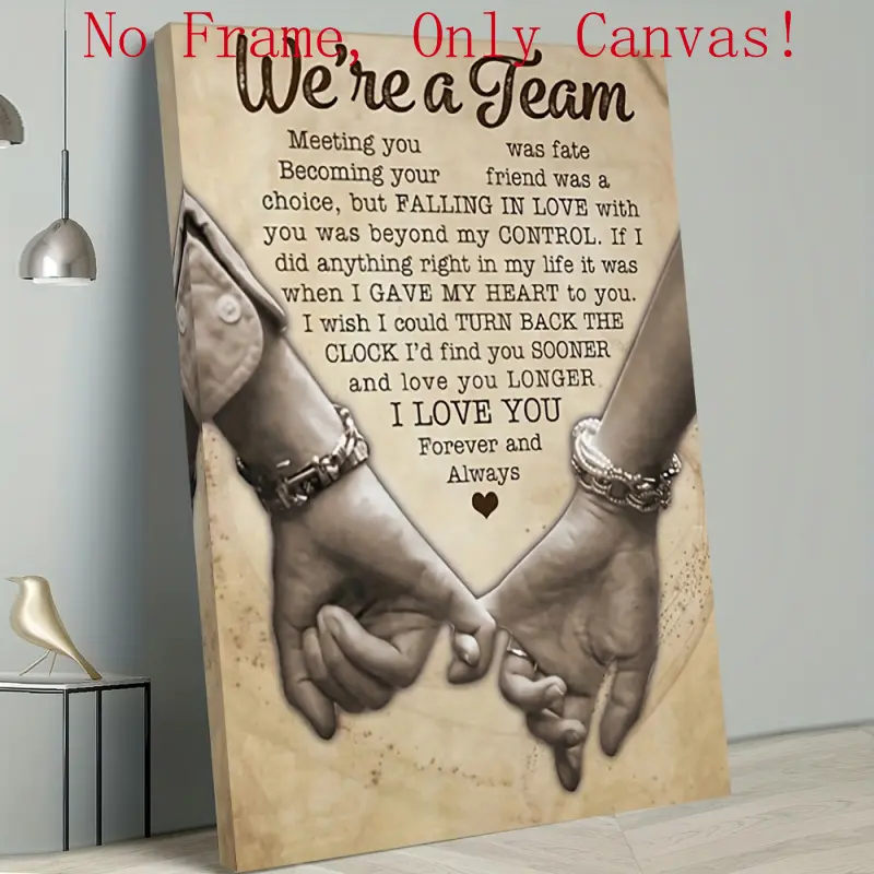 " We're A Team" Vintage Couple Hands Print Waterproof Canvas Poster - Unframed, Artistic, Personalized Wall Art with Romantic Love Quote - Valentines Day Anniversary Gift for Bedroom, Kid Room, Kitchen, Wardrobe Home Decor