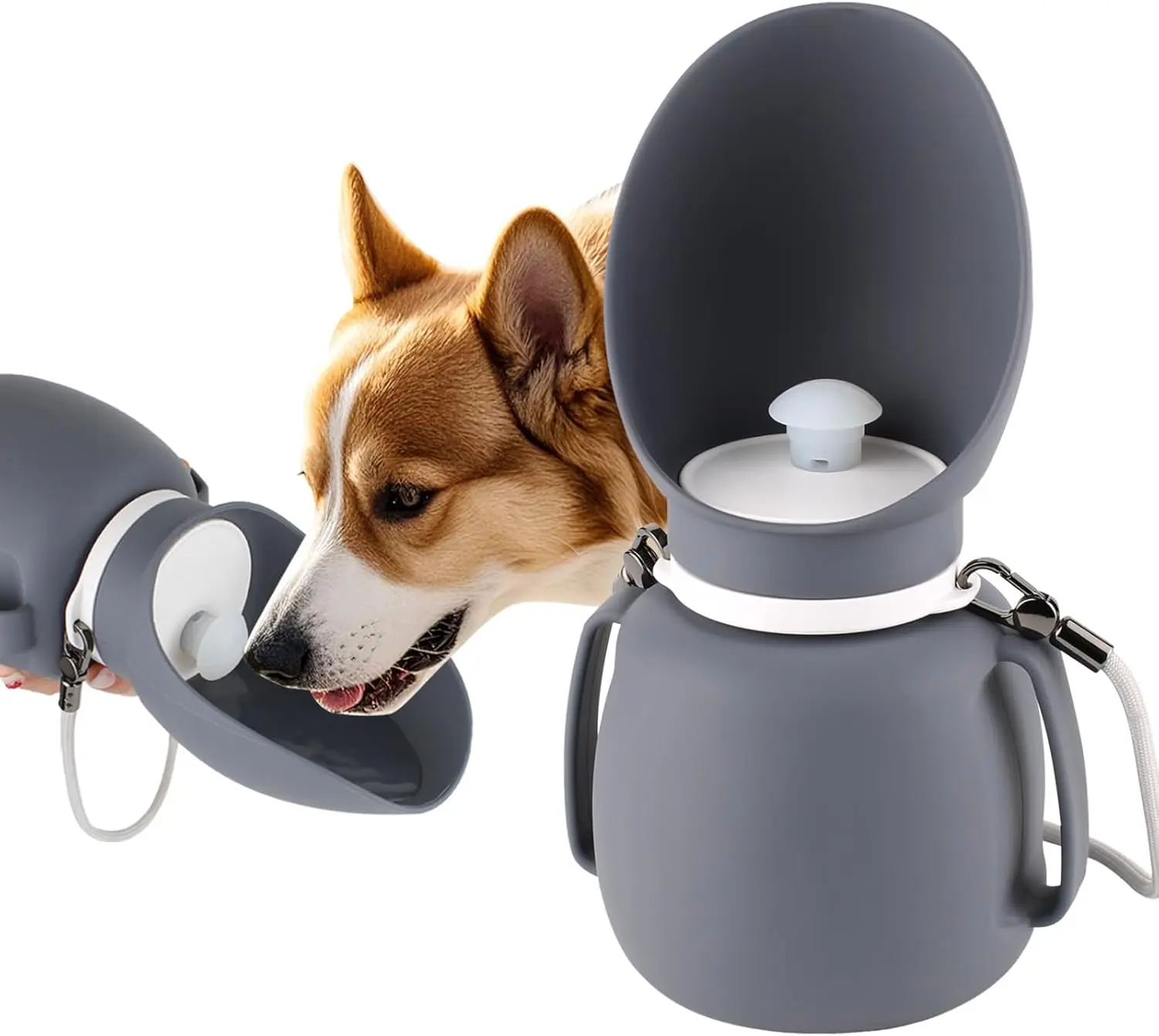 Large Capacity Dog Travel Water Bottle with Drinking Trough, All Seasons Pet Feeder for Outdoor Walking-Hiking, Grey