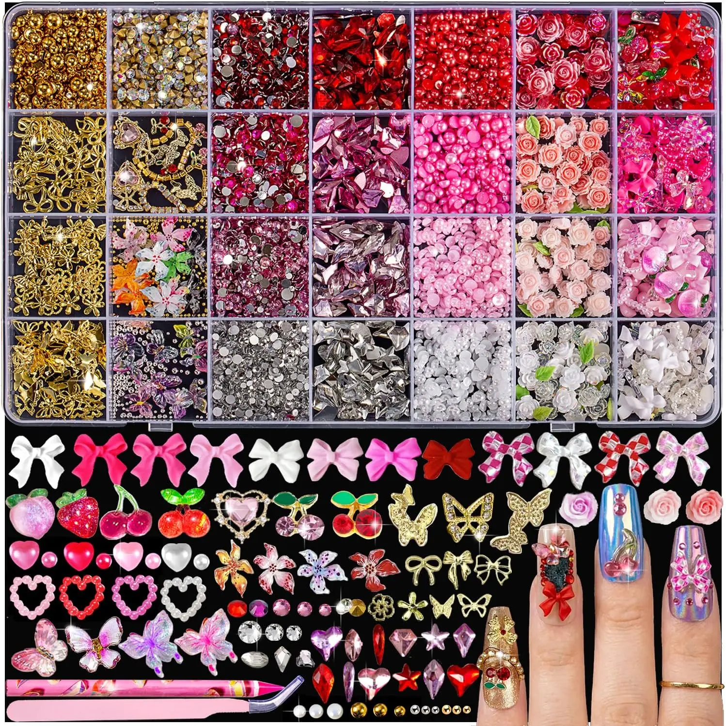 Halloween Fall Gift 28 Grids Nail Charms Kit with Rhinestones for Nails, 3D Kawaii Bows, Cherry, Flowers, Butterfly. Red Pink Gold Nail Gems, Pearls & Metal Studs. DIY Manicure Art Supplies with Wax Pen & Tweezers