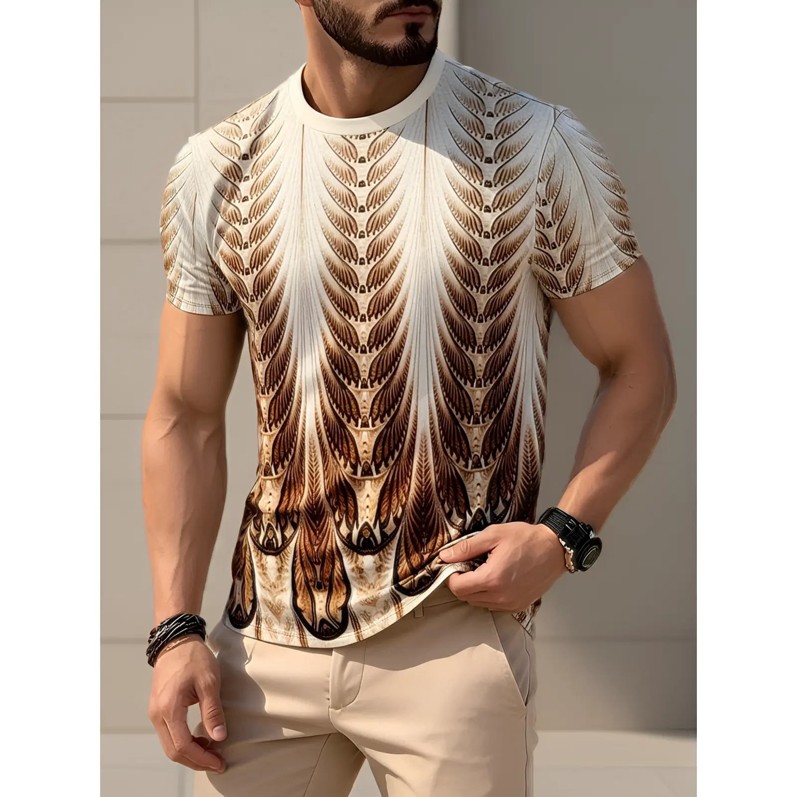 Men'S Bohemian Tribal T-Shirt - Beige-Brown Symmetrical Print Round Neck Short Sleeve Top, Suitable for Summer Casual Wear & Style Outfits, Machine Washable Ethnic Shirt, Plus Size