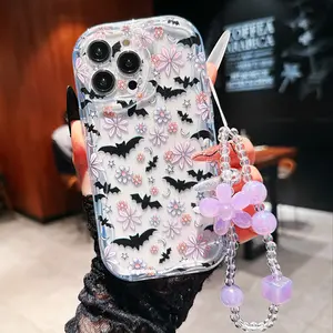 Floral Bat Pattern Phone Case with Elegant Lanyard, Halloween Christmas Compatible with iPhone 17/11/12/13/14/15/16/x/XR/11pro/12pro/13pro