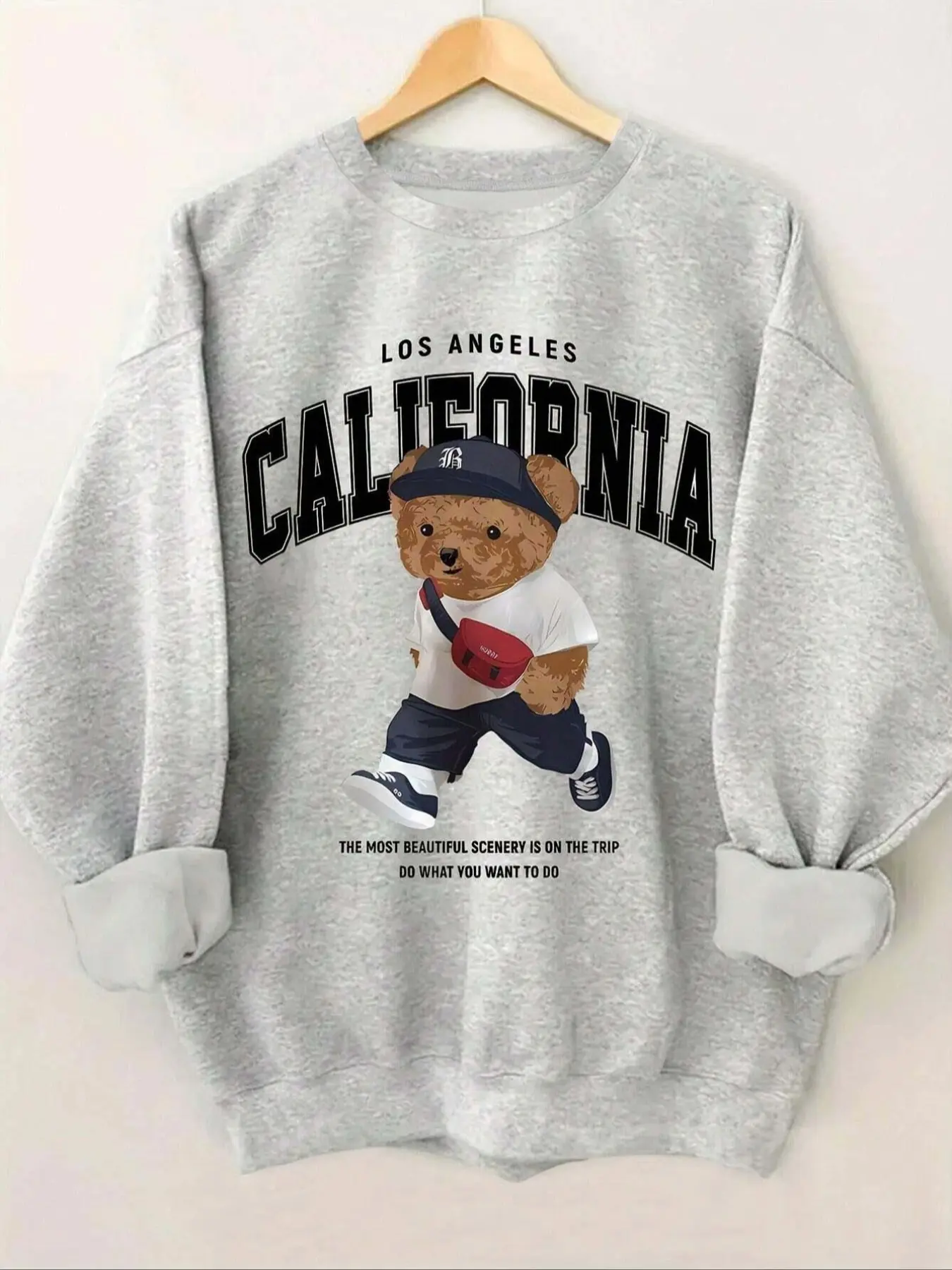 Street Style Teddy Bear Letter Print Fleece Pullover Hoodie, Fall & Winter Retro Casual Holiday Sweatshirt, Loose Fit Round Neck
