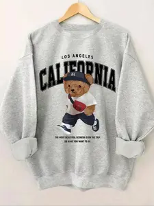 Street Style Teddy Bear Letter Print Fleece Pullover Hoodie, Fall & Winter Retro Casual Holiday Sweatshirt, Loose Fit Round Neck