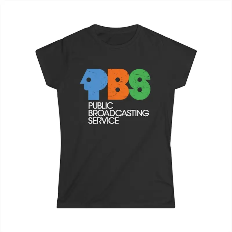 Vintage PBS Logo Womens T-Shirt - Retro Public Broadcasting Service Tee - Gildan 64000L Softstyle Fitted Cap Sleeve Shirt