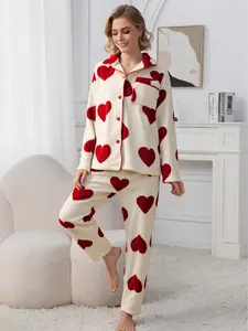 Women's Cozy Plush Pajama Set with Heart Pattern & Pocket Design for Winter Warmth and Elegance Loungewear Nightwear Top Long Sleeve Bottom Chic Homewear - Casual