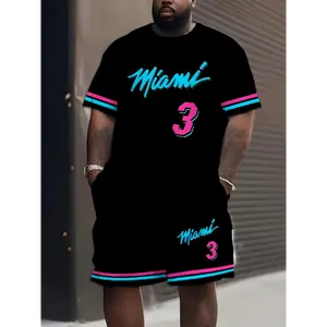 Men's Plus Size Miami 3D Digital Print Sportswear Set - Casual Black T-Shirt & Shorts with Colorful Accents, Polyester Blend, Machine Washable