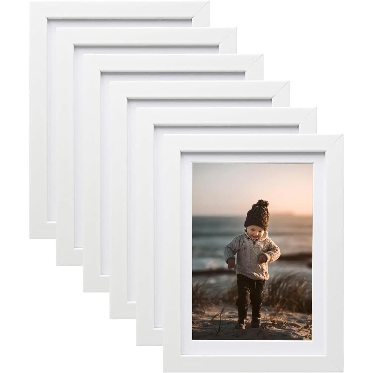 5x7 Picture Frame White Set of 6, Wooden Photo Frames Matted 4x6 with Plexiglass for 4x6 with Mat or 5x7 without Mat for Table and Wall Display