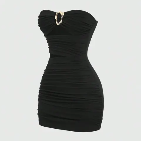 Women's Comfortable Knitted Halter Tube Dress, Bodycon Stretch Dress, Metal Decorative Buckle, Hollow Out Design, Ruched Design, Slimming Waist, Club Party Dress, Party Wear, Formal, Casual, Sleeveless, Black