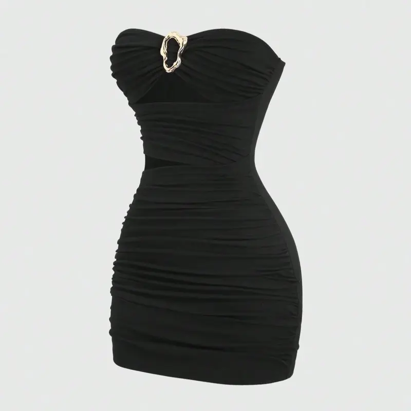 Women's Comfortable Knitted Halter Tube Dress, Bodycon Stretch Dress, Metal Decorative Buckle, Hollow Out Design, Ruched Design, Slimming Waist, Club Party Dress, Party Wear, Formal, Casual, Sleeveless, Black