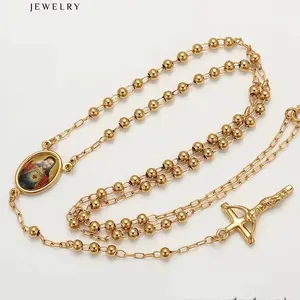 COD#2047  Rosary Necklace - Gold-Tone Beaded Chain with Central Icon & Cross Pendant Jewelry