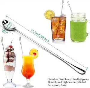 Stainless Steel Iced Tea Spoons - Set of 6, 11.7-Inch Long Handle, Durable, Dishwasher Safe, Mirror Finish