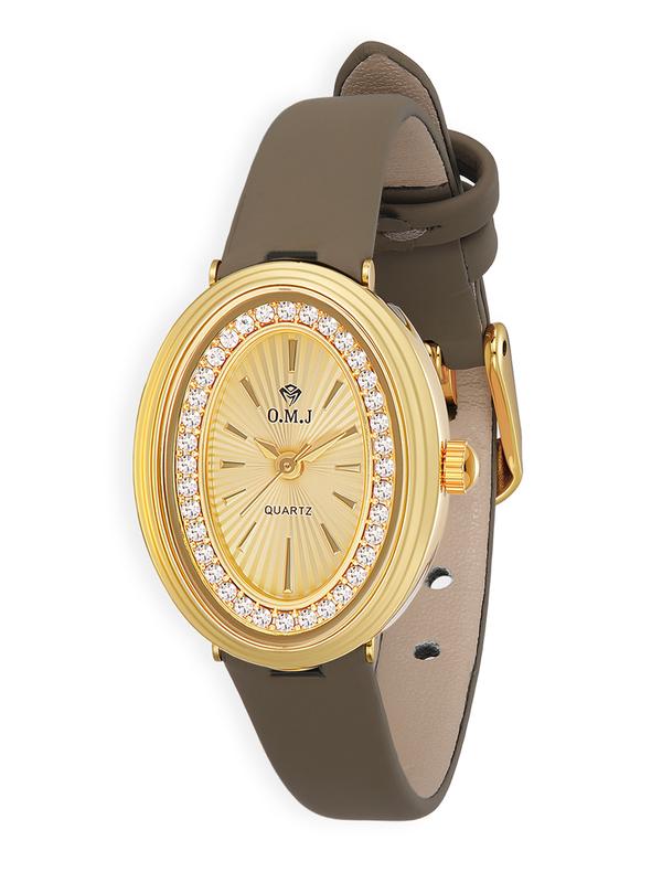 O.M.J G086 Women's Elegant Fashion Casual Business Wristwatch High Quality Quartz Watch, Gold Dial, Black Leather Buckle Strap, Oval Face, Daily Elegance Work & Everyday Wear Accessory
