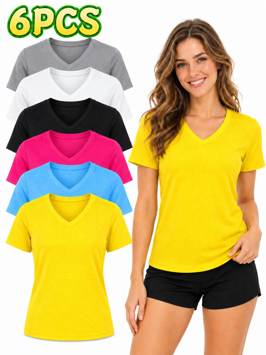 6PCS V-Neck Short Sleeve T-Shirts for Women - Comfortable and Stylish
