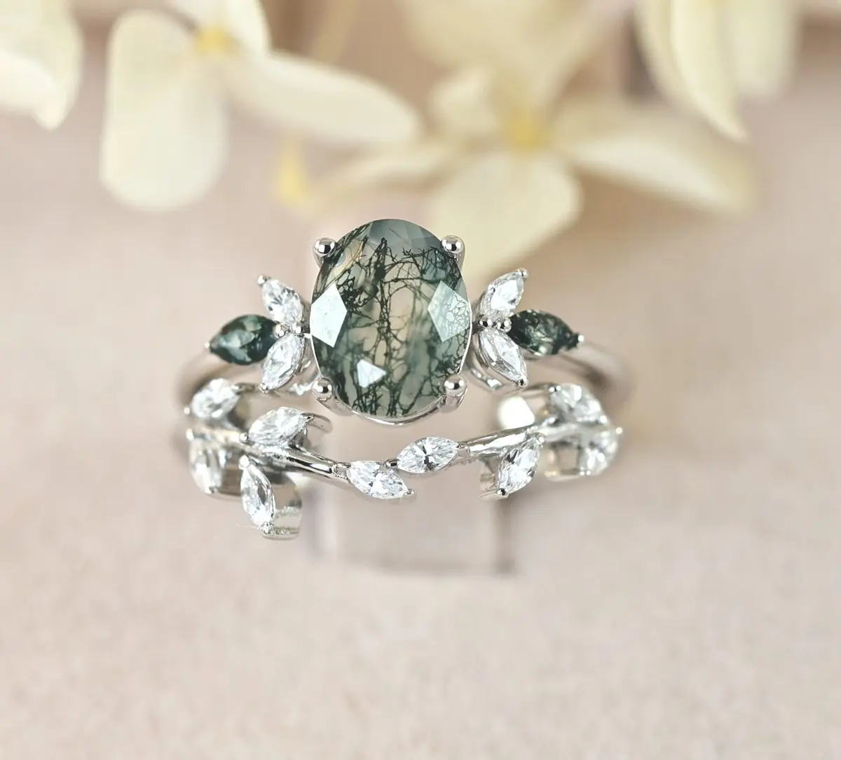 Floral Oval Cut Moss Agate Diamond Simulant CZ Engagement Ring and Wedding Band Bridal Ring Set Sterling Silver S14275