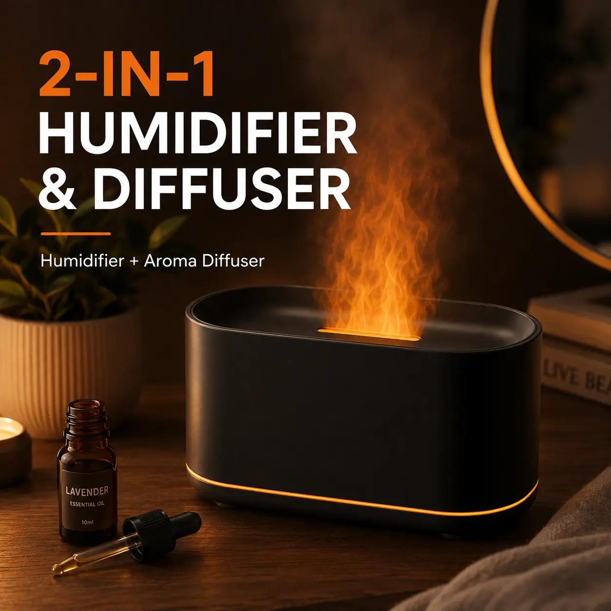 2-in-1 Flame Aroma Diffuser Humidifier, Essential Oil Mist Diffuser with Cozy Fire Effect, Desktop Mood Light for Bedroom, Nightstand, Living Room & Home Office