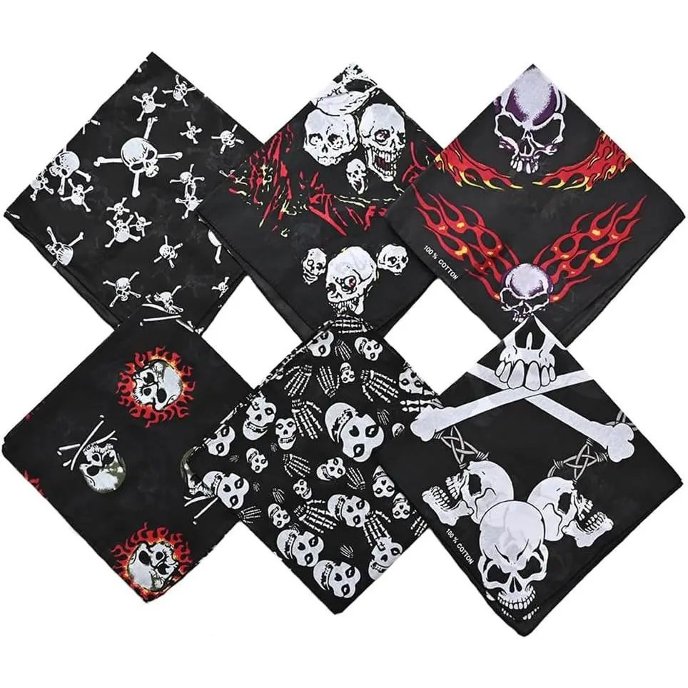 6 Pack 21 x 21 Inches Skull Bandanas Scarf for Men  Cotton Pirate Skeleton Hankerchief   Cover