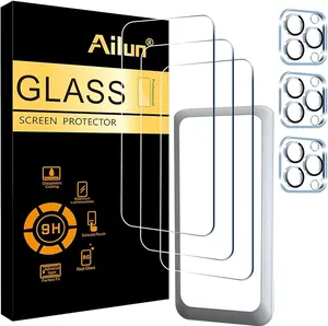 Ailun 3 Pack Screen Protector for iPhone 15 Pro Max [6.7 inch] + 3 Pack Camera Lens Protector with Installation Frame,Sensor Protection,Dynamic Island Compatible,Case Friendly Tempered Glass Film