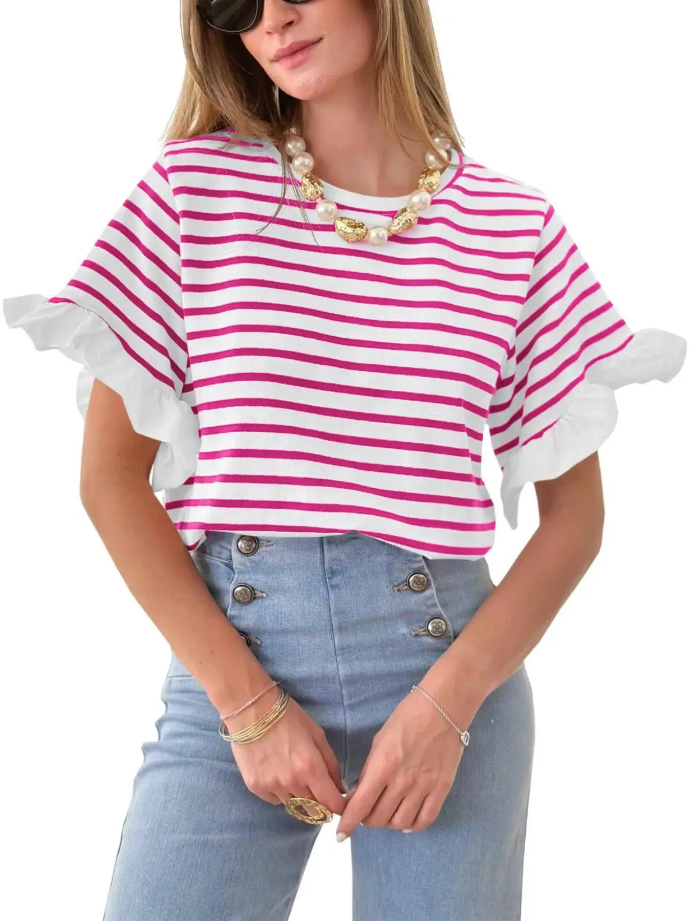 Aswulk Women's Casual Striped Tops Ruffle Sleeve Basic T Shirts Crewneck Short Sleeve Shirt Summer Fashion