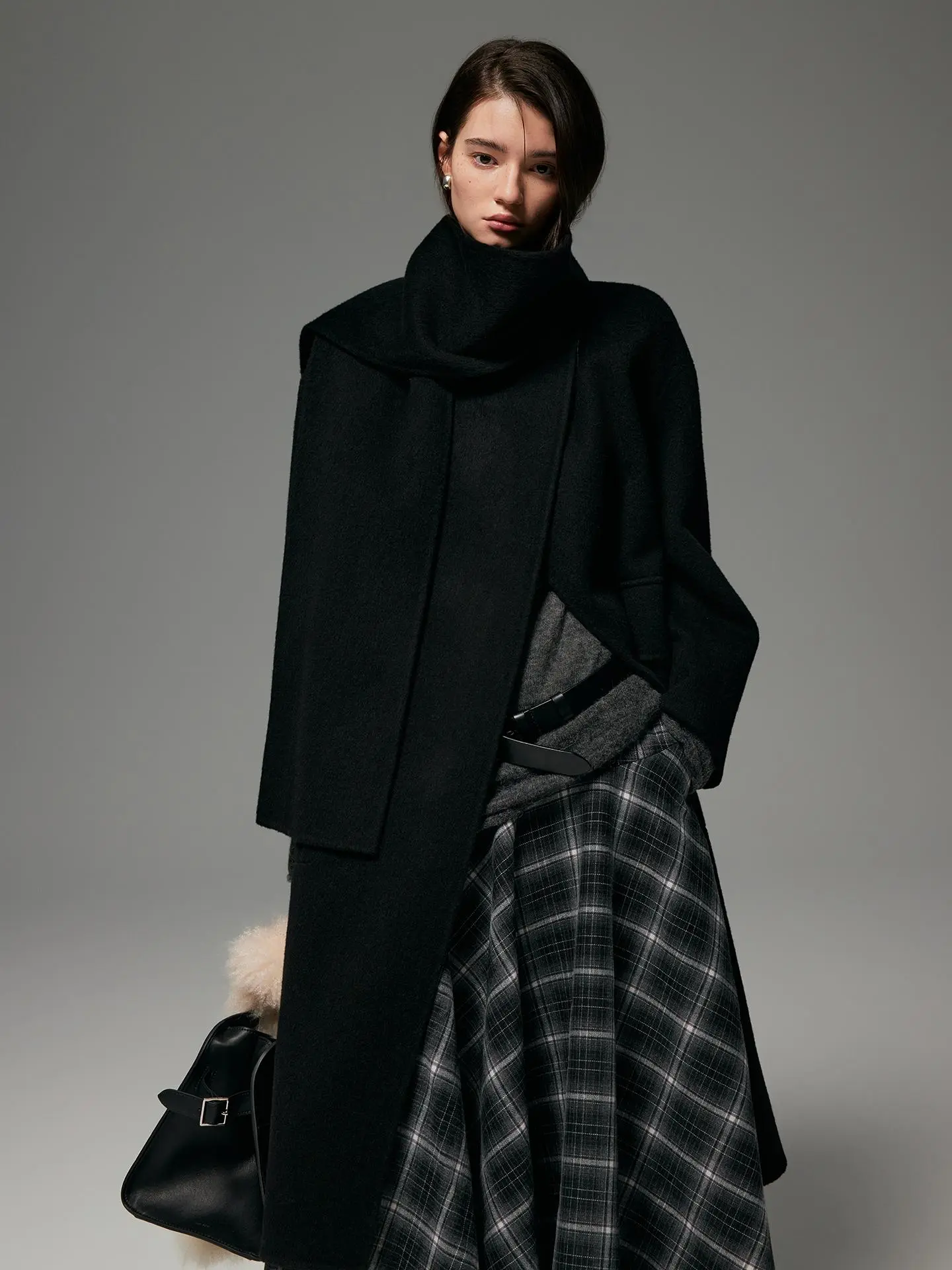 Women’s 100% Wool Long Coat, Integrated Scarf Draped Collar, Oversized Minimalist Warm Winter Outerwear, Grey & Black Available Jackets Tops