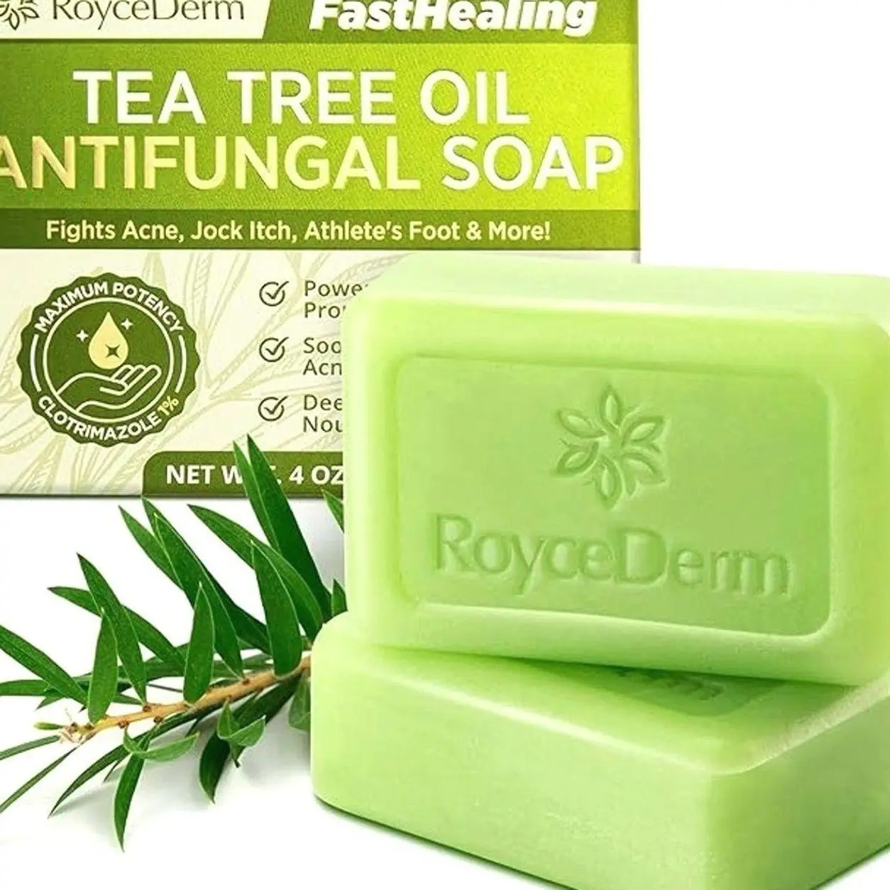 Roycederm Antifungal Antibacterial Tea Tree Soap: Antifungal Antibacterial Treatment for Face & Body Acne, Athlete's Foot, Tinea, Folliculitis Ringworm Jock Itch (Pack of 1)
