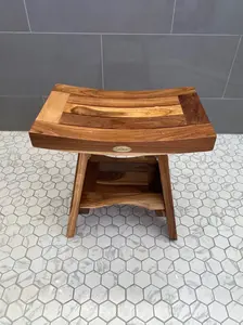 EcoDecors Serenity 18" Teak Wood Shower Bench with Shelf in EarthyTeak Finish