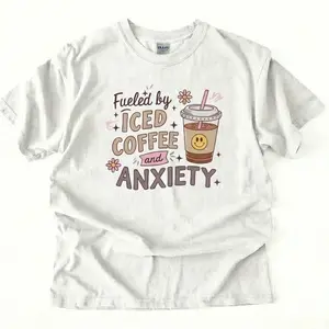 Iced Coffee Anxiety T-Shirt for Relatable Fans – Cozy Casual Tee with Daisy and Smile Art Streetwear