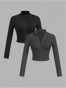 Women's Solid Color Basic Half Zip Up Crop Top & Thumb Hole Design Long Sleeve Crop Jacket, Casual Fashion Cozy Two-piece Outfits for Daily Outdoor Wear, Women Clothes for Spring & Fall, Womenswear