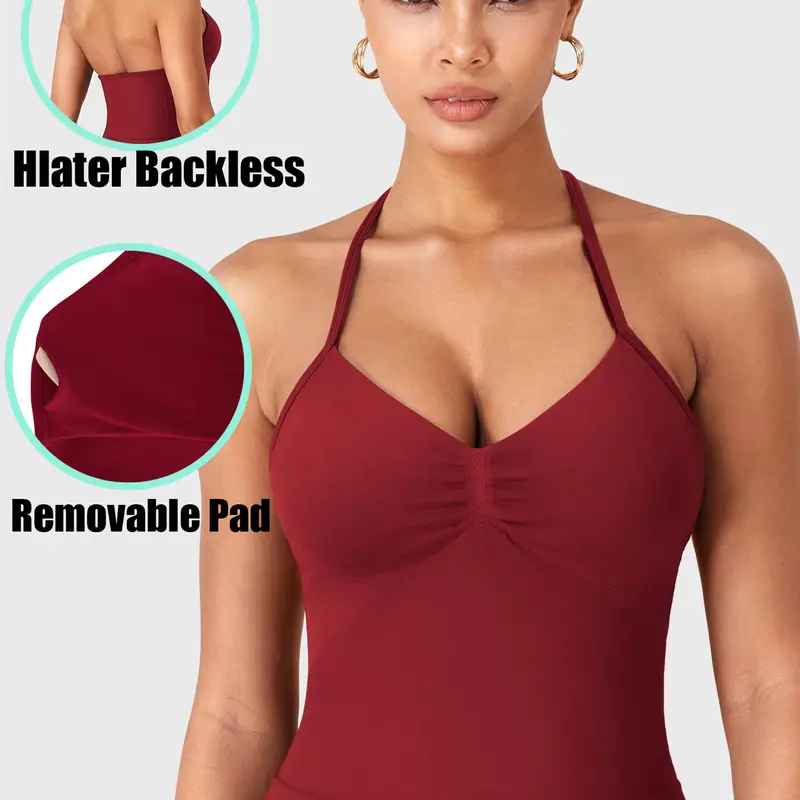 Women's Solid Halter Removable Pads Sports Singlets, Sporty Backless Sleeveless Tops for Yoga Gym Workout, Ladies Sportswear for Summer, Pilates Yoga Wear, Gym Exercise Activewear, Workout Summer Clothes, Activewear Clothing