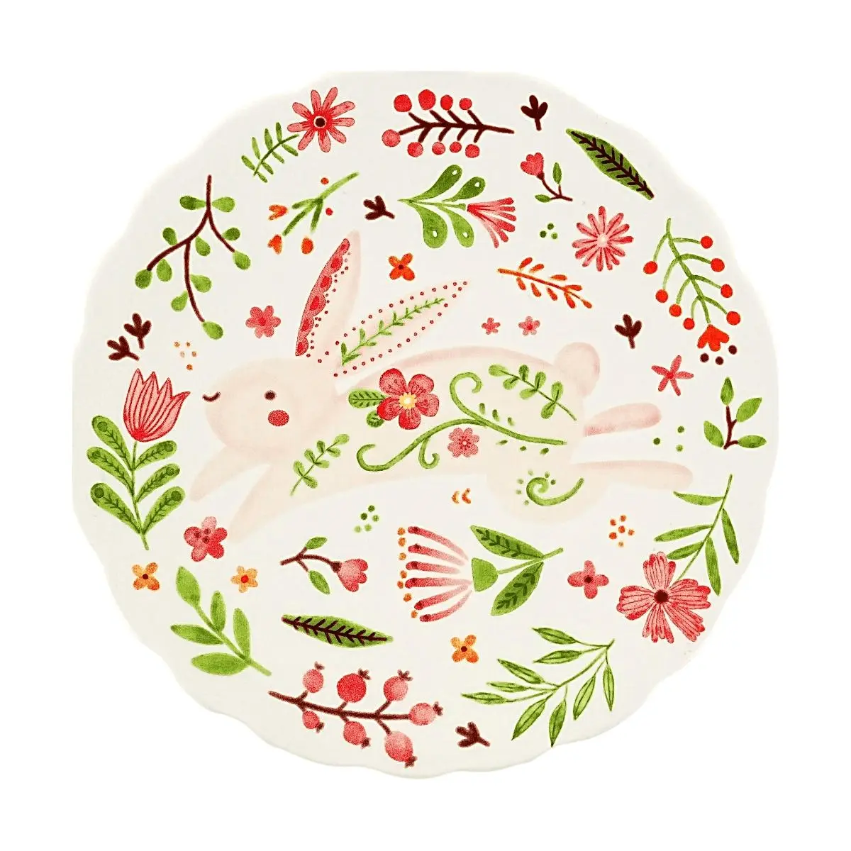 Golden Lion 8-Inch Red Floral Ceramic Dinner Plate - Cute Rabbit Design, Home & Kitchen Dishware