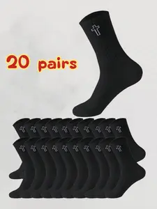Men's Spring Fall High-Quality Cross-Stitch Mid-Calf Socks, Casual Trendy Unisex Sports Socks, 20 Pairs Pack