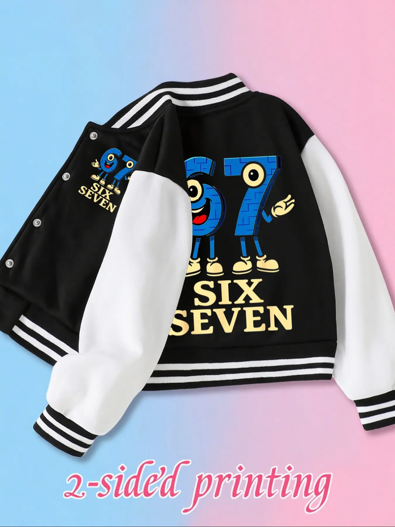 Number 67 Six Seven Boys Short Baseball Jacket with Cartoon Design, Fitted Activewear for Kids, Elastic Fabric for Fall & Winter, Trendy School Uniform for Christmas, Children's Daily Fashion Dressing