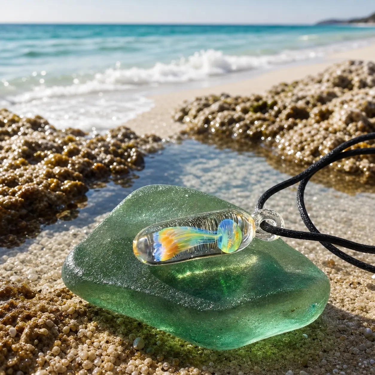 Zatvios Hand-Blown Jellyfish Glass Pendant Necklace with Natural Crystal, Ocean-Inspired Gift for Sea and Crystal Lovers