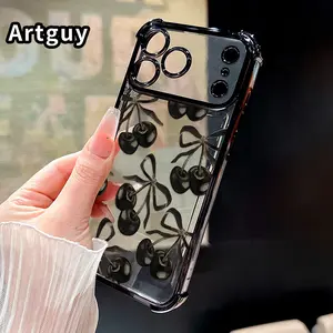 Black Cherry Pattern Phone Case for iPhone 17 Pro Max 16 15 Plus Air 14 13 12 11 E Electroplated Cover with Airbag Shockproof Soft Silicone Casing