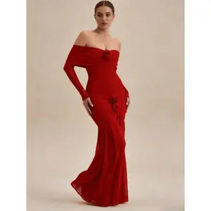 Women's One-Shoulder Rose Dress, Pleated Bodycon Mermaid Long Skirt, Evening Carpet Host Formal Occasion Light Wedding Gown