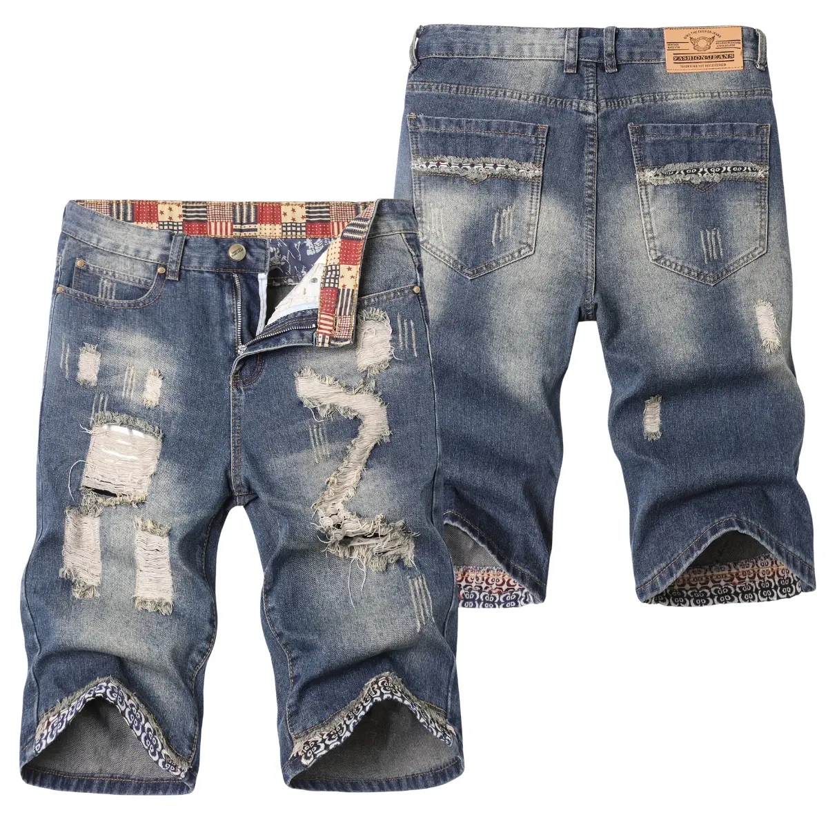 Men's Vintage Ripped Denim Shorts, Casual Knee-Length Summer Bottoms with a Distressed Washed Finish, Distressed Ripped Knee, Menswear, Zipper, Button, 90S Style Men's Shorts, Mid Waist Fit, Vintage Distressed Look