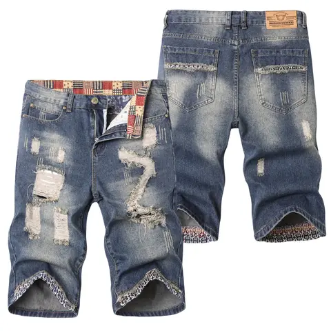 Men's 90s Denim Shorts - Casual, Vintage Distressed Ripped Knee, Mid Waist Fitted, 5-Point Summer Bottoms, Washed Finish, Zipper & Button Closure, Machine Washable Menswear