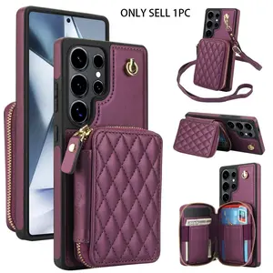 Fashion Zipper Phone Case with Card Slot & Waistband, PU Leather Phone Case with Detachable Rope, Phone Accessories for Samsung Galaxy S26 S25 Ultra S24 Ultra, Protector