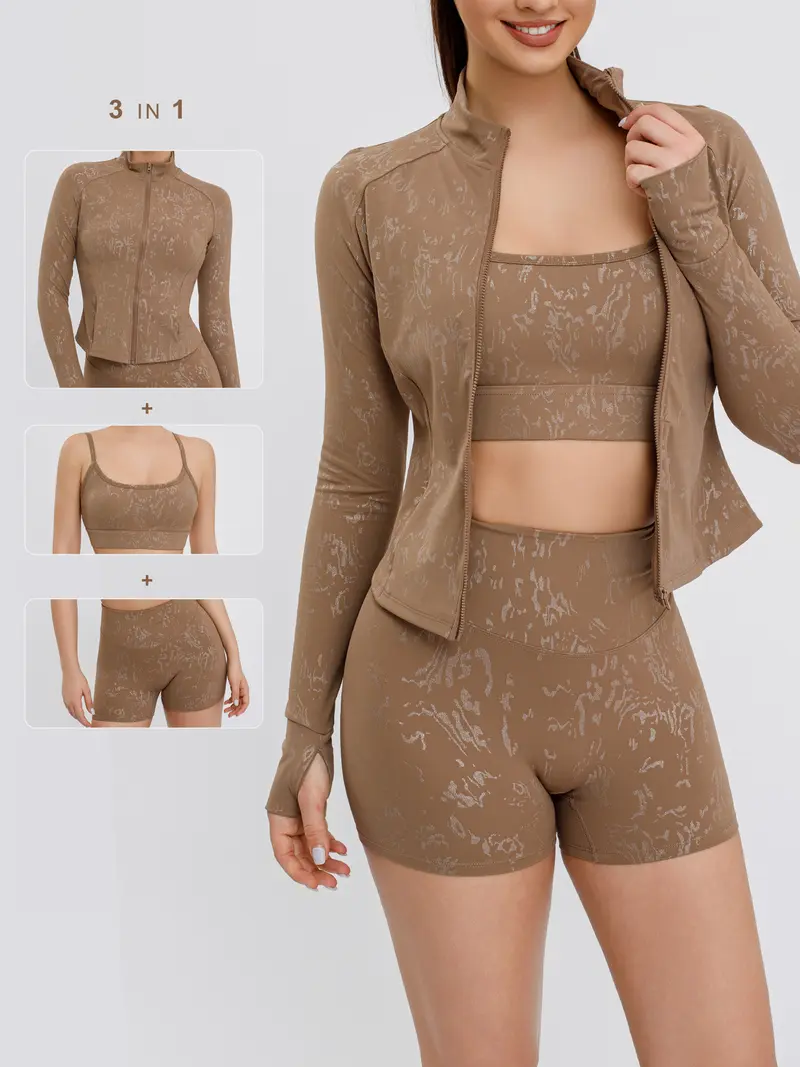 S&W Women's Yoga 3-Piece Set - Biker Short, Tank Top, Jacket with Zipper - Tie-Dye in Apricot Blue & Black - High-Rise Collar, 4-Way Stretch