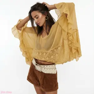 2026 New Spring Summer Lace Patchwork Chiffon Cover Up for Women with Loose Batwing Sleeve Sun Protection Cardigan Vacation Style Lightweight Breathable Light Luxury Cute Cool US Design