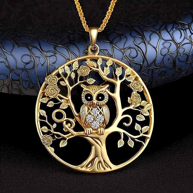 Golden Round Exquisite Hollow Animal Owl Tree Pendant Necklace Jewelry Accessories Gift for Men and Women