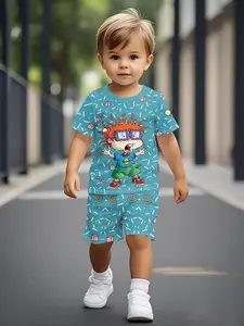 Vintage Cartoon Kids Clothing Set, Light Blue Full Print Geometric Pattern, Funny Baby Short Sleeve Shorts, Casual Summer, Children, Clothes Kids