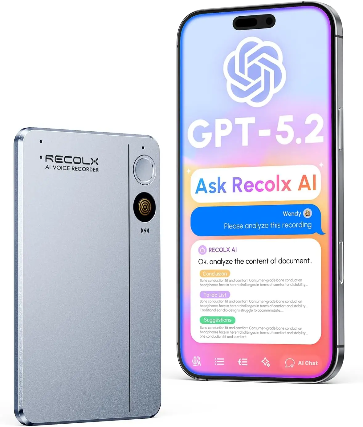 RECOLX Professional AI Voice Recorder for Business | AI Transcription & Deep Meeting Analysis | 4 Recording Modes, 64GB Storage, 30H Battery Life | Premium Office Gadget