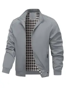 Men's Spring Autumn Solid Color Plain Stand Collar Fitted Fashion Jacket Collared Coats, Wrinkle-Resistant Easy Care Long Sleeve Outerwear, Business Travel Essential Shirt, Casual Wear Coat