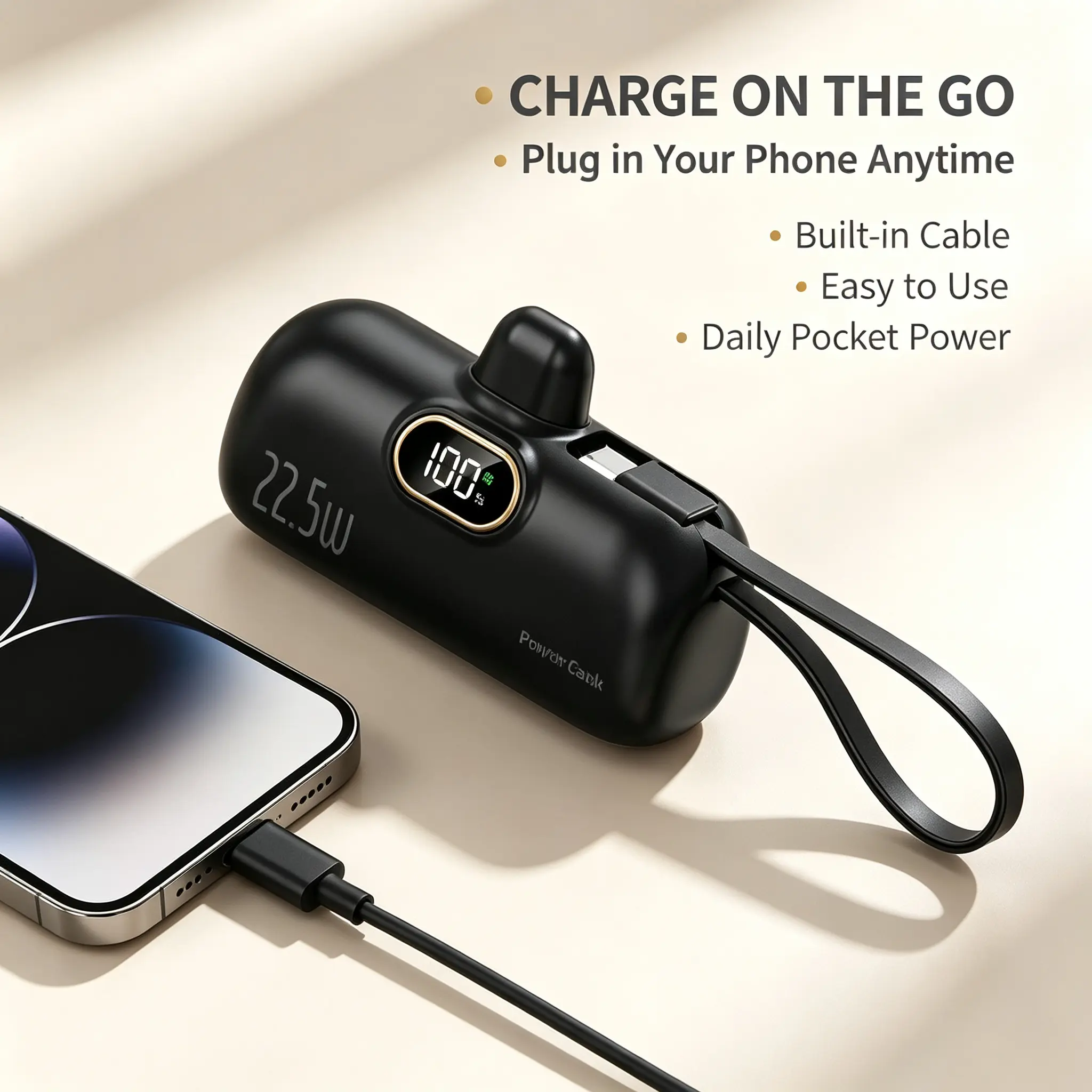 22.5W Power Bank with Built-in Cable, Pocket-Sized Portable Charger for Daily Use, On-The-Go Phone Charging Accessibility