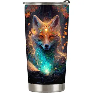 20oz Fox Gifts for Fox Lovers, Starry Moonlight Night Fox Tumbler Cup, Stainless Steel Insulated Travel Mug with Lid, Coffee Thermos for Women - C