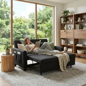 SLIZCCC 60 inch 3-in-1 Convertible Sleeper Sofa Bed Linen Modern Loveseat Futon Couch Pull-Out Bed with Side Storage Pockets 2 Throw Pillows for Small Space