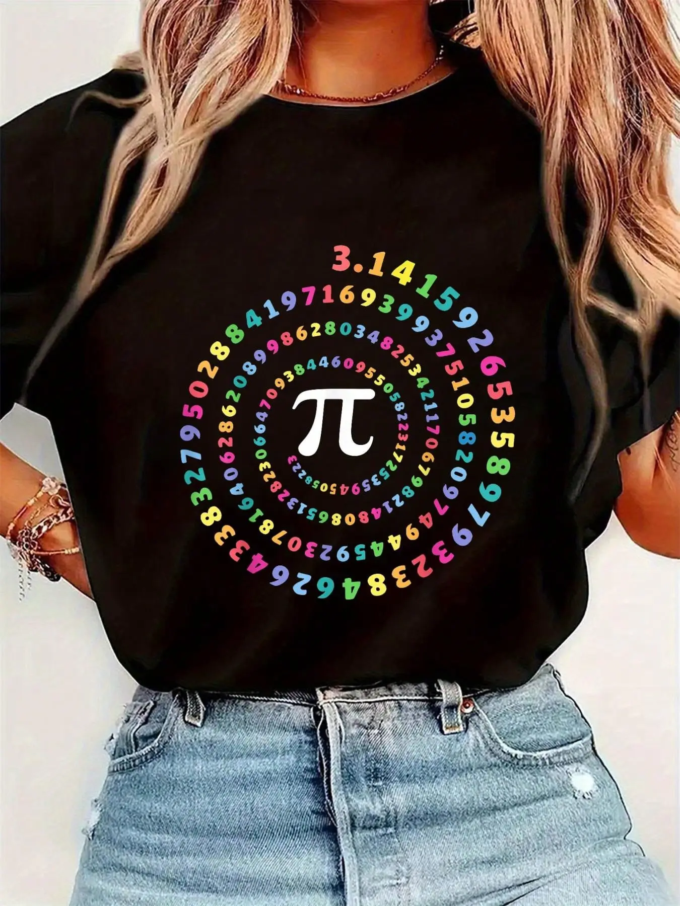 Pi Spiral Novelty Pi Day Tee T-Shirt Womens Round Neck Short Sleeve T-Shirt Fashion Graphic Tees Women Top