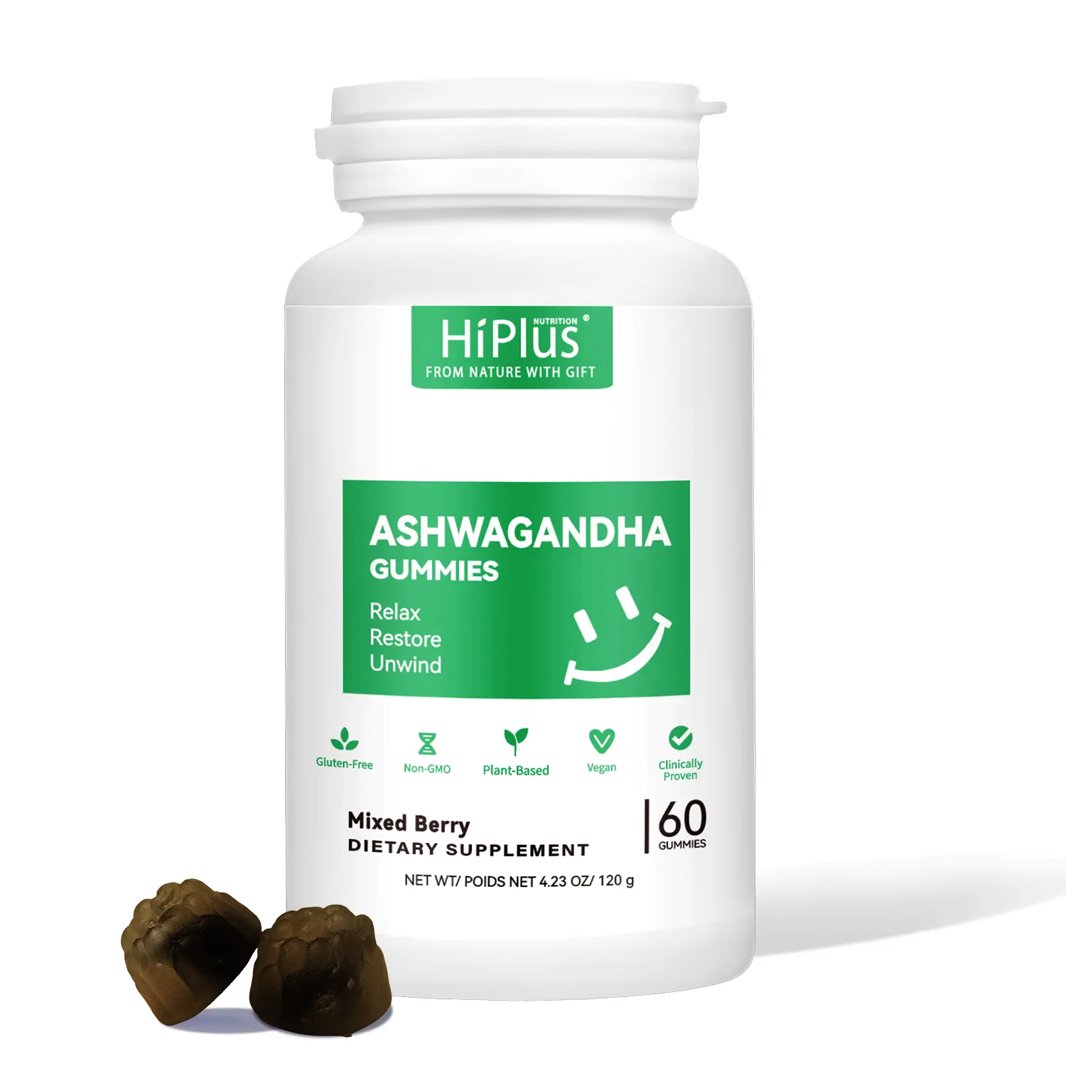 HiPlus Ashwagandha & Vitamin D Dietary Chewable Gummies - Mixed Berry Flavor, Plant-Based, Vegan, Non-GMO, Gluten-Free, Gelatin-Free - Supports Stress Relief, Mood, Immune Health - 60 Count