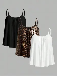 【Plus Size】 Leopard Print Cami Top, Sleeveless Casual Fitted Adjustable Spaghetti Strap Top for Daily Wear, Women's Plus Clothing for Summer, Womenswear